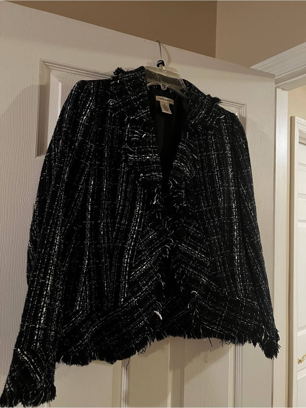 Laura Ashley Black & White Tweed Fringe Blazer - Women